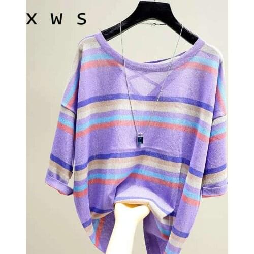 Oversize sweater summer Striped Rainbow Sweater Women V Neck half Sleeve Knitting Pullovers Batwing Sleeve Sexy Female Jumper