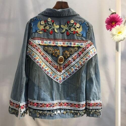 Ethnic style handmade stitching ladies denim jacket Tibet heavy industry embroidery stitching tassel element jacket