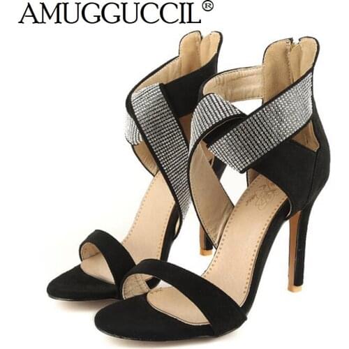 Plus Big Size 32-46 Black Red Blue Zip Crystal Fashion Sexy High Heel Summer Female Lady Women Sandals L933