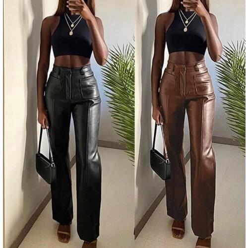 Women Autumn Luxurious Faux Leather Long Pants High Waist Double Pockets Straight Leg Trousers Solid Color Slim Fit Office Lady