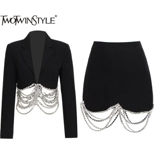 TWOTWINSTYLE Casual Patchwork Chain Two Piece Set Women Notched Long Sleeve Blazer Temperament Skirts Womens Set Autumn Style