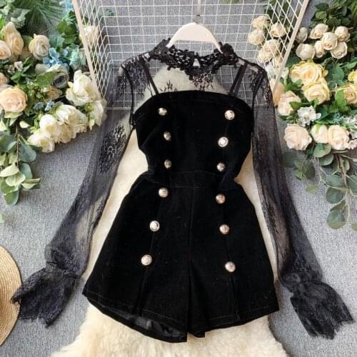 Fashion Suits Female 2021 Spring Summer New Sexy Sheer Lace Shirt and Strapless Velvet Jumpsuit 2 Piece Sets Womens Outfits Y239