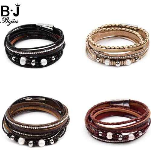Gothic Handmade Braided Leather Wrap Bracelets For Women CZ Pearl Stainless Steel Magnetic Clasp Weave Bracelet Jewelry BC360