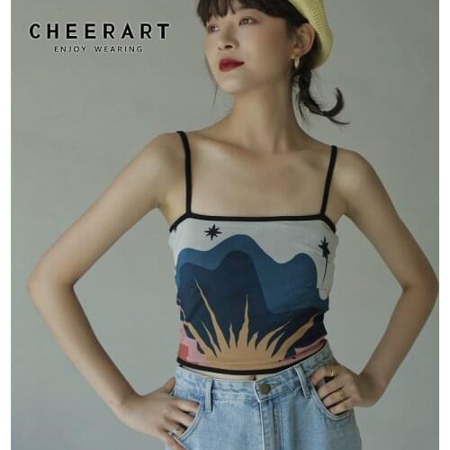 CHEERART Vintage Crop Top Women 2020 Cami Top Backless Print Spaghetti Strap Designer Fashion Tops Croptop Bralette Crop Top