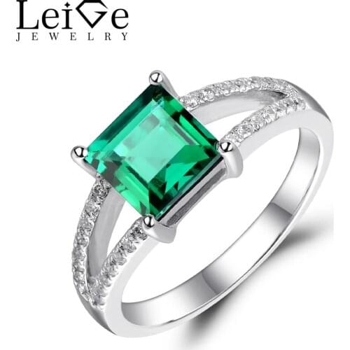 Leige Jewelry Lab Created Emerald Ring Green Gemstone Engagement Anniversary Rings for Women Square Cut 925 Sterling Silver