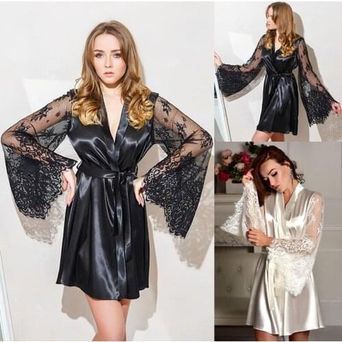 Lingerie Women Perspective Sleeve Silk Robe Gown Lace Robe Dress Lace Babydoll Nightdress Nightgown Sleepwear Clothing