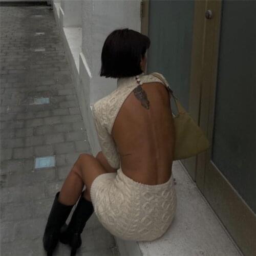 Fall Winter Fashion Twist Knitted Long Sleeve Backless Mini Dress for Women Elegant Outfits Clothes Streetwear Party Dress