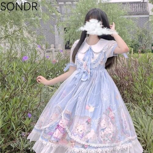 Lolita Cute Vintage Dress Women Fake Two Pieces Lolita Kawaii Cat Family Op Short Sleeve Lace Mesh Party Dresses Robe Vestidos