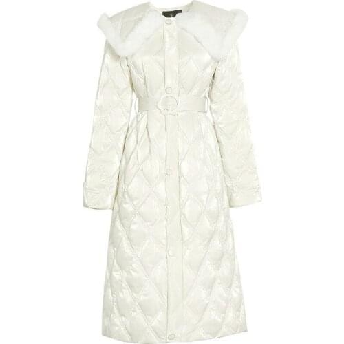 Winter Coat New Womens Clothing Fashion Lapel Waist Tie Slimming and Warm White Duck Down 2021