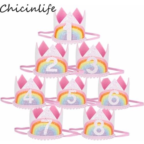 Chicinlife 1Pcs 1-8 Years Old Rainbow Birthday Crown Headband Caps Priness 1st Birthday Party Hat Girl Hair Accessory Supplies