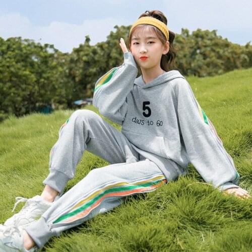 2021 Spring And Autumn Fashion Girl Casual Suit Hoodie And Pants 2 Sportswear Gray Black Long Sleeve Pullover Ribbon Sportswear