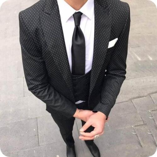White Dot Wide Peak Design Black Suits for Men Wedding Groom Tuxedos Slim Fit Groomsmen Blazer Casual Terno Masculino 3 Pieces