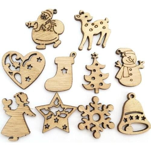 50Pcs Wooden Christmas Ornaments XMAS Party Decor Environmental Natural Color Creative Cartoon wood chips Snowflake Deer Deco