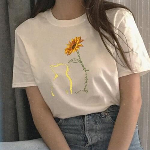 Cat Sunflower Printed Women Funny Tshirts Round Neck Loose Tops Female Top S-5XL Plus Size Woman Shirts Clothing Camiseta Mujer