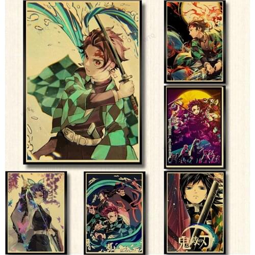 WTQ Canvas Painting Demon Slayer: Kimetsu No Yaiba Tanjirou Nezuko Anime Poster Retro Poster Wall Art Picture Room Home Decor