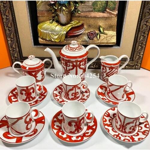 Classic Chinese Red High Quality Bone China Coffee Set 15 Pieces Cup and Saucer Ceramic Afternoon Tea Suit