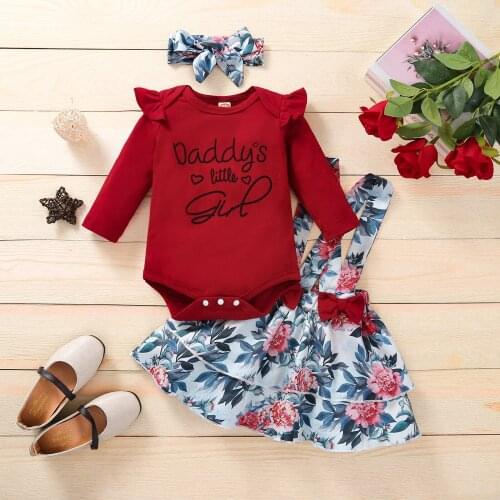 3Pcs Newborn Summer Outfits, Letters Print Long Sleeves Romper Floral Suspenders Skirt Hairband Baby Girls Clothes 0-18 Months