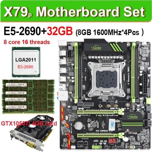 X79 motherboard set with Xeon E5 2690 CPU LGA2011 combos 4*8GB = 32GB memory DDR3 RAM 12800R 1600Mhz M.2 SSD 1050TI 4G card