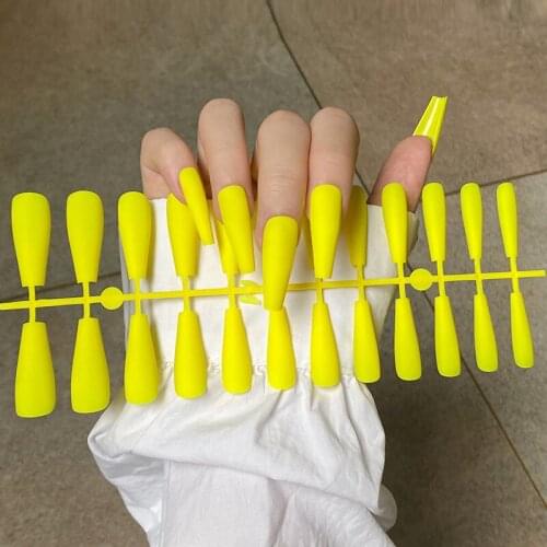 24Pcs Matte Yellow Full Cover False Nail Tips Ballerina Nail Art Manicure Tips Coffin Fake Nails Extension Acrylic Nails