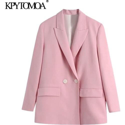 KPYTOMOA Women 2021 Fashion Double Breasted Loose Fitting Blazers Vintage Long Sleeve Pockets Female Outerwear Chic Veste Femme
