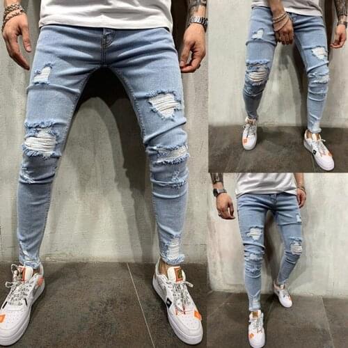 Mens Sweatpants Sexy Hole Jeans Casual Summer Autumn Male Ripped Skinny Trousers Slim Streetwear Knee Ripped Hole Biker Jeans