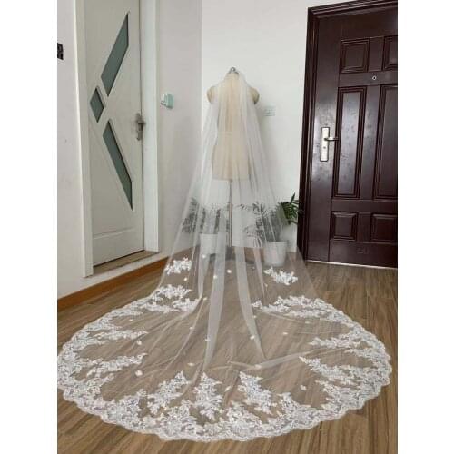 Single layer lace bridal veil 3m cathedral lace veil wedding veils white ivory black & comb long vail