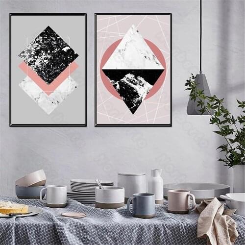 Nordic Style Canvas Painting Poster Print Abstract Geometric Patterns with Pink White Black Colors for Home Rooms Wall Decoratio