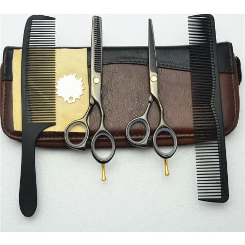1014C 5.5'' 4Pcs Set Customized Logo Professional Black 440C Hairdressing Scissors Cutting Scissor Thinning Shears Hair Scissors