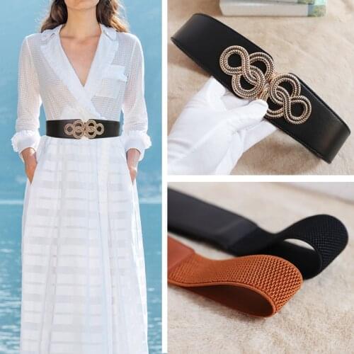 New Lady Decorative Wide Black PU Leather Antique Buckle Belt Dress Fashion Elastic Waistband Down Jackets Waistband Women Skirt