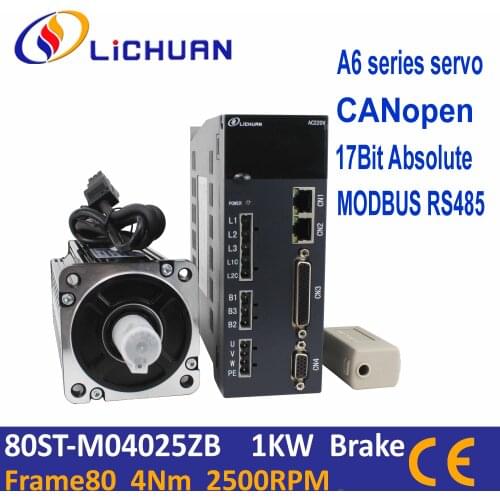 Lichuan servo 1KW with brake 17bit sbsolute encoder can open protocal RS485 servo motor with A6 driver 80ST-M04025 4Nm 2500rpm