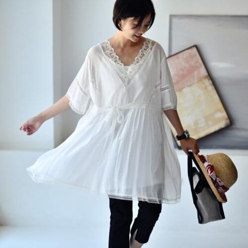 MICOCO Q8680 Literary and artistic lace V - collar double - layer thin a thin high waist white dress fairy