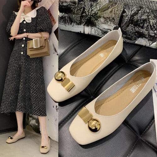 Fashion Womens Shoes 2020 Summer New Flat Square Head Small Single Shoes Net Red Buckle Pu Moccasin-Gommino