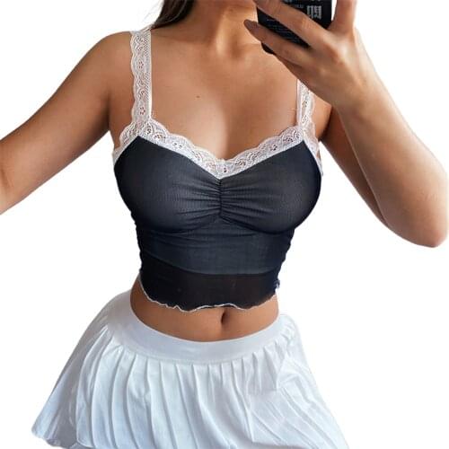 Womens Lace Strap Camisole, Sexy Sleeveless Ruched Front Color Block Crop Tank Tops