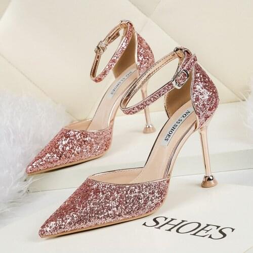 Women sandals PU Sequined Cloth Buckle Strap 6.5CM 9.5CM Thin Heels High heels Pointed Toe Rhinestones Bling Shallow