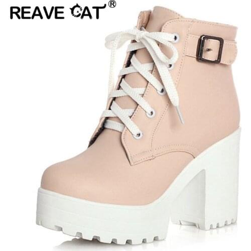REAVE CAT 3 Color Winter Lace-Up Sexy Women Boots Fashion Platform high square heels Black Buckle Ankle boots Plus Size 34-43