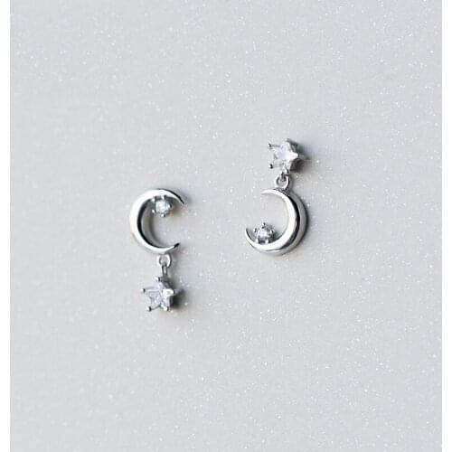 MloveAcc Genuine 100% 925 Sterling Silver Clear CZ Asymmetry Moon & Star Drop Earrings for Women Sterling Silver Jewelry S925