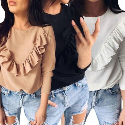 Womens Top Solid Color O-Neck Y2K Ruffles T-Shirts Long Sleeve T Shirts Womens Clothing 2021 Casual Ropa Mujer Kawaii Tops