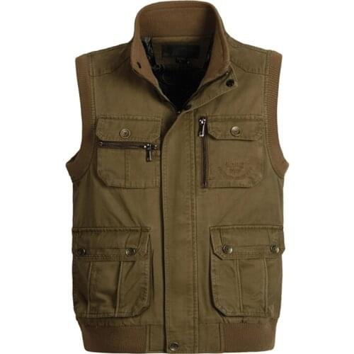 Men Size XL-6XL Deinm Vest Men Multi Pockets Army Green Khaki Waistcoat Male Photography Sleeveless Jacket Spring Autumn