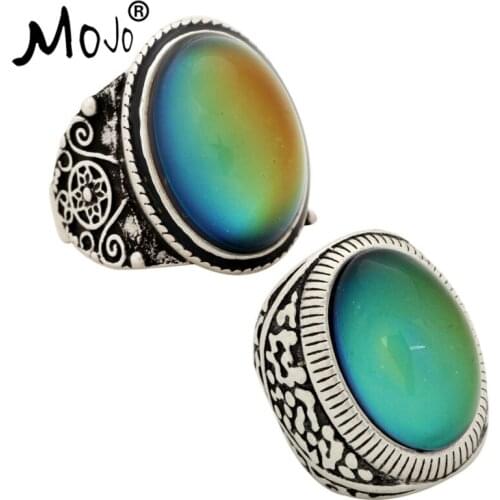 2PCS Antique Silver Plated Color Changing Mood Rings Changing Color Temperature Emotion Feeling Rings Set For Women/Men 004-031