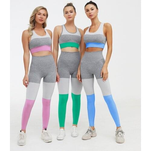 2pcs/set 3 Colors Patchwork Seamless Yoga Set Women Gym Clothing High Waist Sport Leggings +Sport Bra Workout Set Sportwear