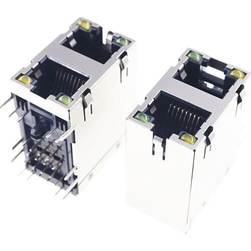 2 pcs Green Yellow LED RJ45 Dual Port Shielded Modular PCB Jack 8P8C Right Angle Through Hole PCB Ethernet connector SIDE ENTRY