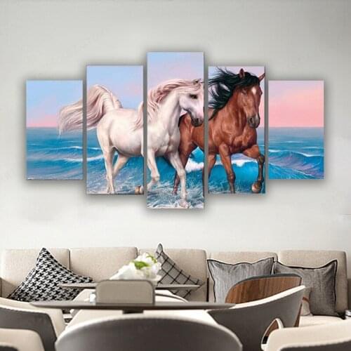 Wall Art Canvas Paintings Pictures 5 Pieces Artworks Accessories Running Horses Couple Animal Printed Poster Modular