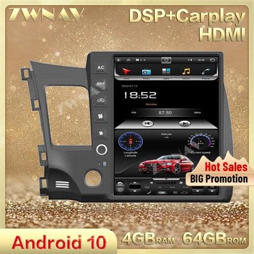 Tesla Style vertical Screen 4GB+64GB Android 10.0 car multimedia player For Honda civic 2008-2011 car radio stereo GPS head unit