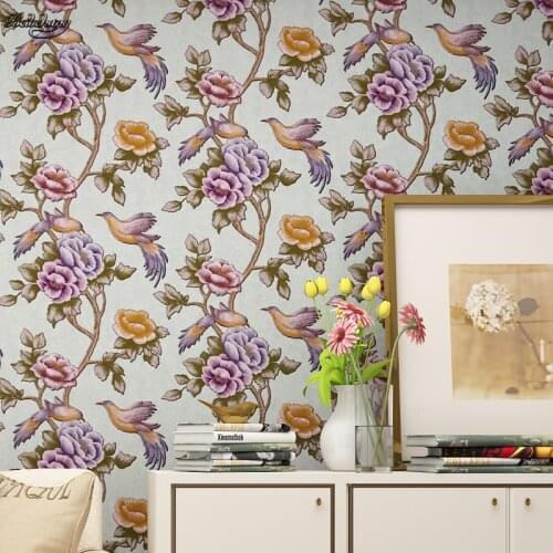 Beibehang American Vintage 3D Stereo Flower and Birds Fine Wallpapers BedroomTV Background Hotel Room Big Flower Wallpaper