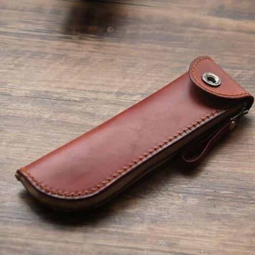 Genuine leather zippered pencil case escolar de tres cremalleras pencil case for brushes art pencil box leather pen bag pouch