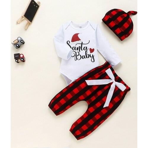Newborn Baby Girls Boys Santa Baby Print Romper Long Pants Plaid Hat Outfits Clothes 3 6 9 12 18M Outfits Set roupa infantil