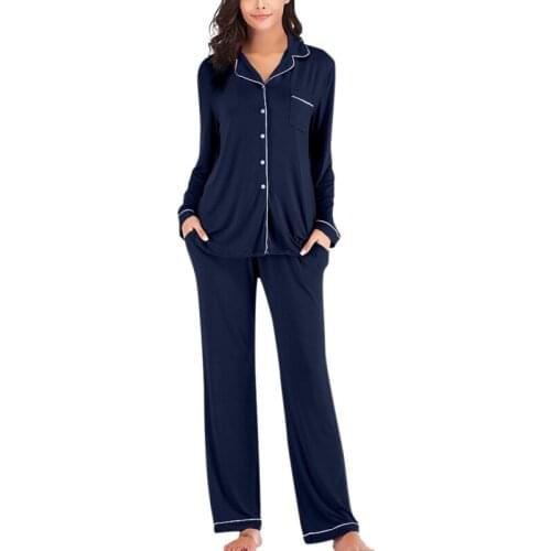 2 Pieces Autumn Women Sleepwear Solid Color Pajamas Set Long Sleeve Top and Long Pant Ladies Pyjamas Suit