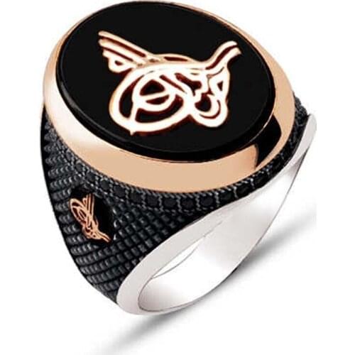 Silver Black Onix Stone Ottoman Tuğralı Embroidered Men 'S Ring