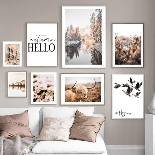 Autumn Forest Lake Grass Bird Yak Flower Wall Art Canvas Painting Nordic Posters And Prints Wall Pictures For Living Room Decor