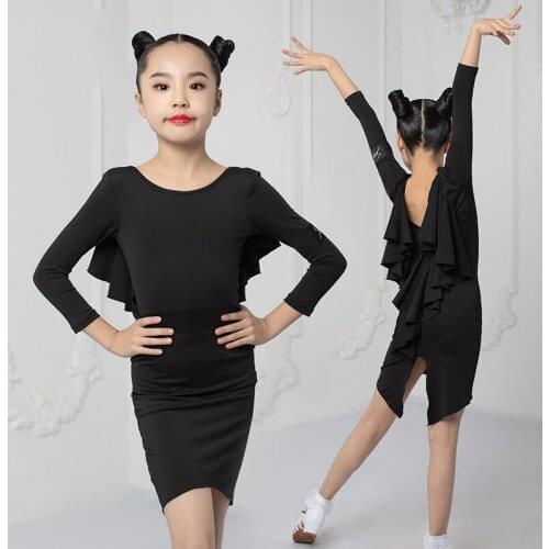 Latin Dance Dress Girls Long Sleeves Black Practice Dress Ruffles Slit Skirt Cha Cha Samba Rumba Performance Dancewear DNV15266
